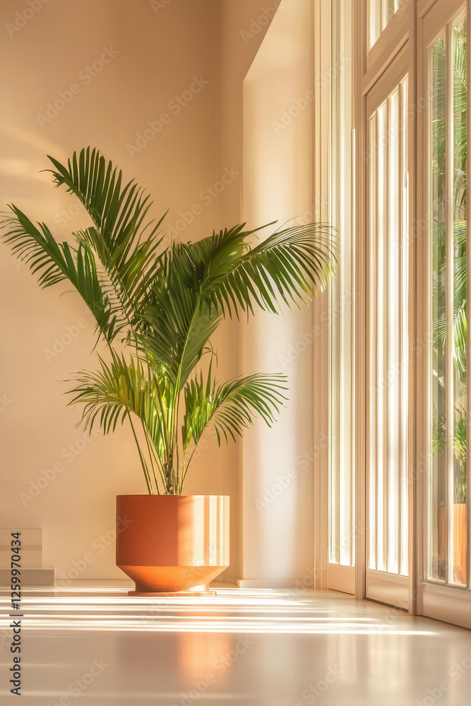 Embrace Tranquility: A Stunning Palm Plant in a Sunlit Modern Interior for Stylish Home Decor Embrace Tranquility: A Stunning Palm Plant in a Sunlit Modern Interior for Stylish Home Decor