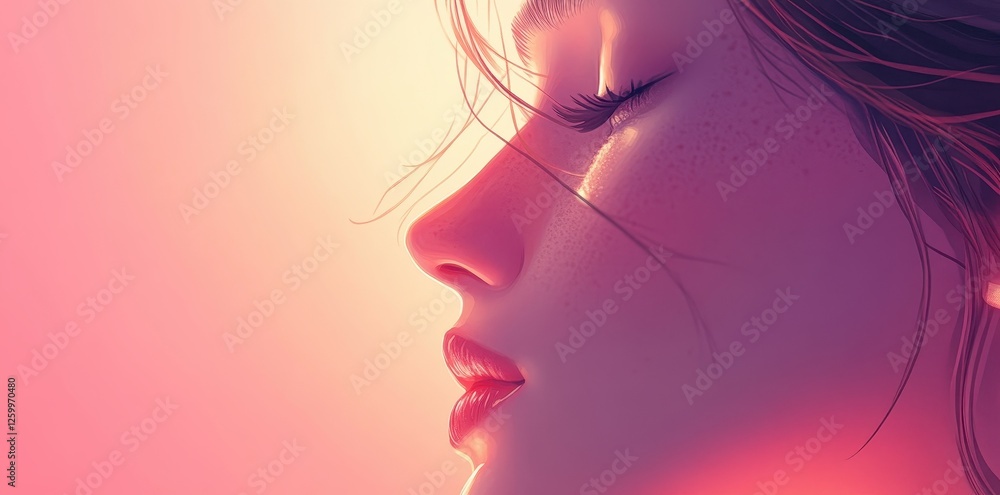 Profile portrait depicts a woman with closed eyes peacefully Profile portrait depicts a woman with closed eyes peacefully