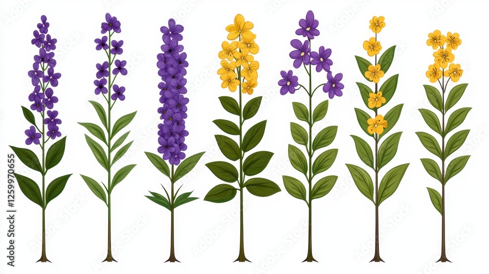 Fototapeta premium Hand-drawn series of colorful flowers including purple and yellow varieties arranged in vertical aesthetic display