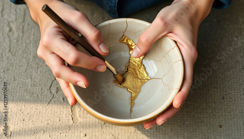 Traditional Kintsugi Repair on Cracked Ceramic Bowl