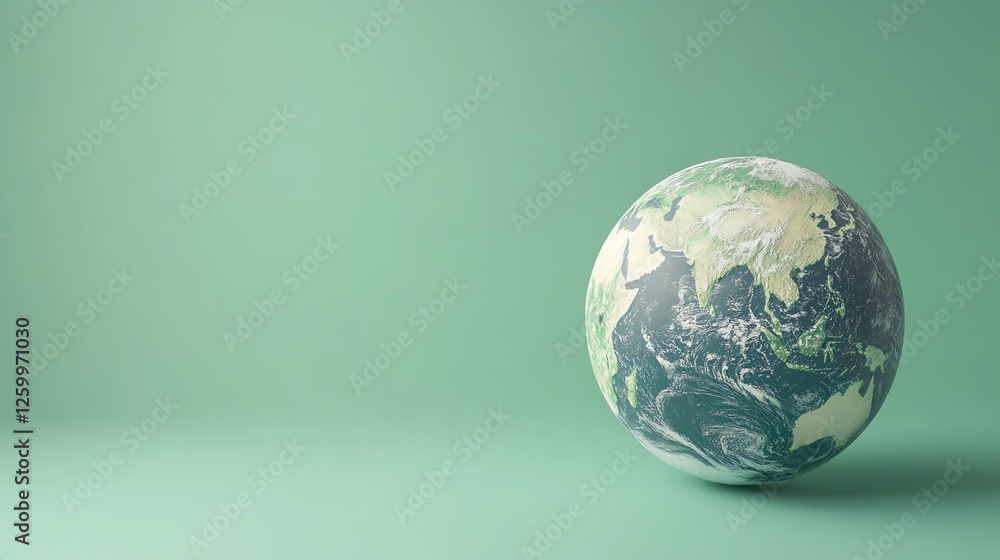 A 3D green Earth on the right against a pastel green backdrop symbolizes sustainability and eco-friendly design in a modern studio setting. A 3D green Earth on the right against a pastel green backdrop symbolizes sustainability and eco-friendly design in a modern studio setting.
