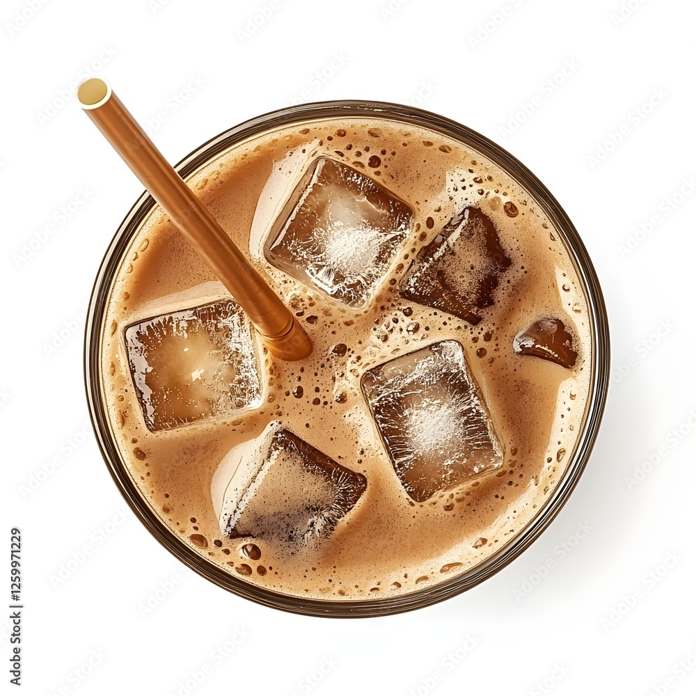 Φωτογραφία Top Down View of Iced Coffee in Glass with Straw on White Background