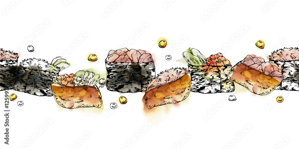 Traditional Japanese food, gunkan inari sushi with caviar cucumber ginger, raw fish salmon tuna crab, hand drawn in watercolor and ink. Seamless banner for restaurant, cafe menu, kitchen, recipe book Traditional Japanese food, gunkan inari sushi with caviar cucumber ginger, raw fish salmon tuna crab, hand drawn in watercolor and ink. Seamless banner for restaurant, cafe menu, kitchen, recipe book