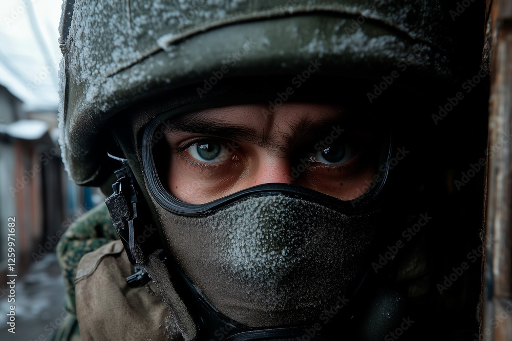 Close-up of Soldier in Frost-Covered Helmet and Balaclava Close-up of Soldier in Frost-Covered Helmet and Balaclava
