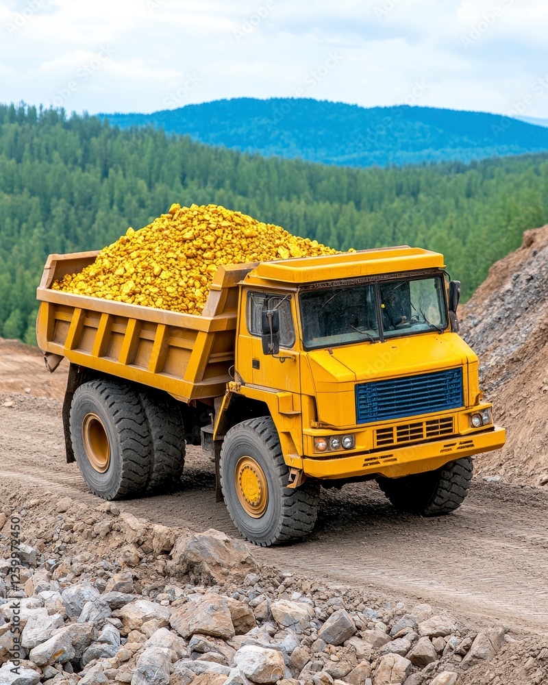 Obraz premium Heavy-duty yellow dump truck loaded with construction materials navigating rugged terrain in mountainous landscape