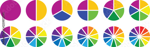 Pie chart set. Different color circles. Pie chart divided 1, 2, 3, 4, 5, 6, 7, 8, 9, 10, 11, 12 equal parts. donut and pie chart infographic elements. Colorful diagram graphs. Circle section graph.