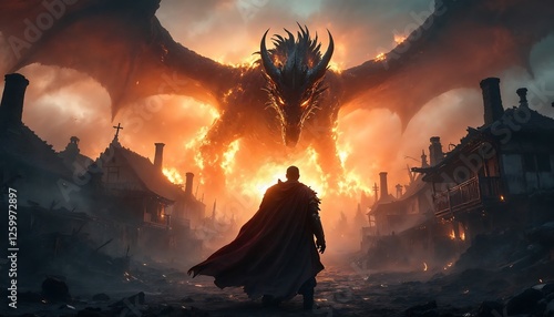 Warrior Facing Fiery Dragon Over Burning Village Fantasy Landscape Art