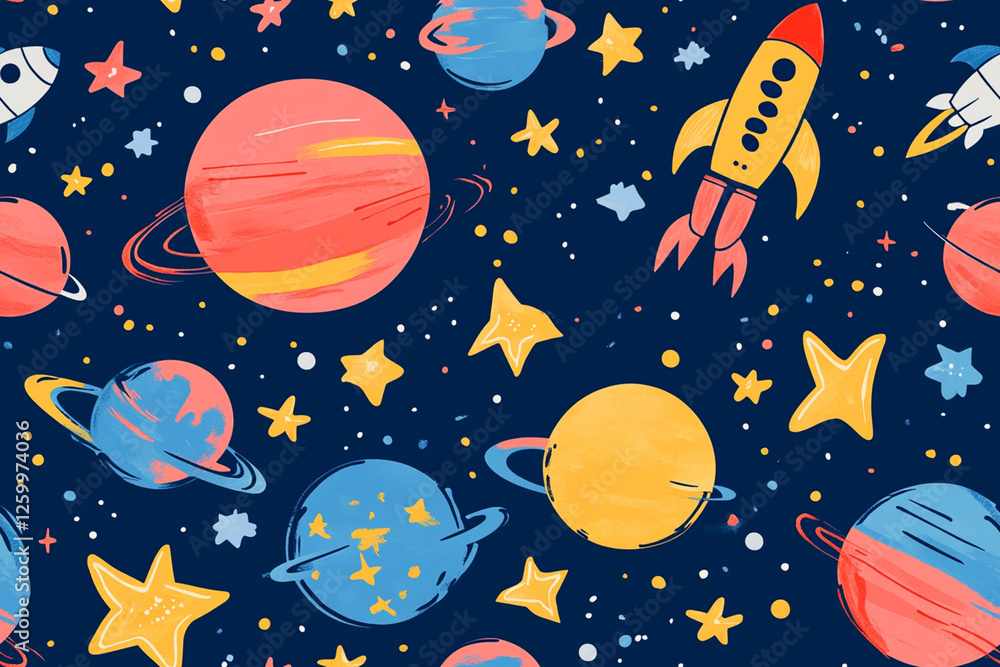 Colorful pattern with planets, rockets and stars in space style for children's rooms, patterns Colorful pattern with planets, rockets and stars in space style for children's rooms, patterns