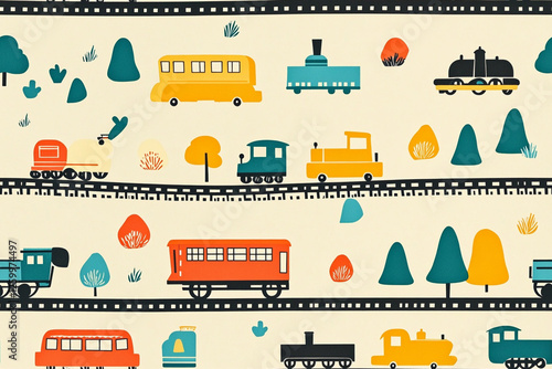 Retro pattern with small trains and a railway for children's products, patterns photo