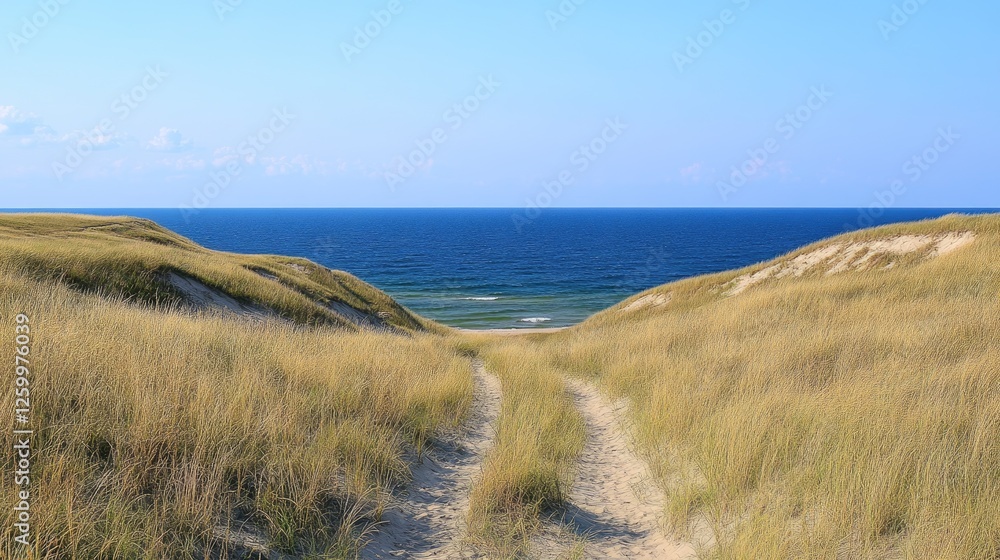 Sand dunes meeting the deep blue ocean, forming a unique contrast between land and sea. Sand dunes meeting the deep blue ocean, forming a unique contrast between land and sea.