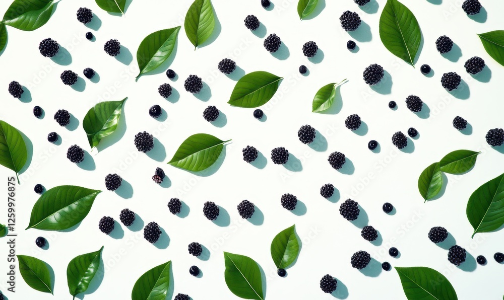 Flat lay of berries and leaves on white background; food, nature, design, pattern, texture, blog Flat lay of berries and leaves on white background; food, nature, design, pattern, texture, blog