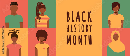 Black History Month Horizontal banner. Template with black men and women. Vector faceless illustration.