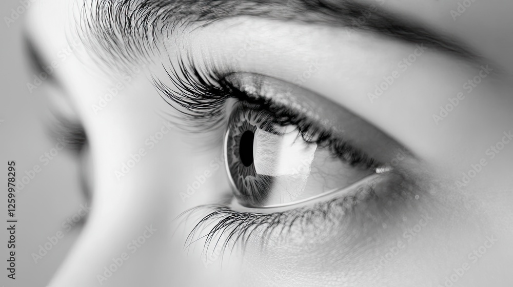 Close-up, eye, woman, profile, gaze, neutral background, beauty, healthcare Close-up, eye, woman, profile, gaze, neutral background, beauty, healthcare