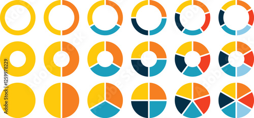 Set of pie charts diagrams. Different color circles. Pie chart divided 1,2,3,4,5,6,7,8,9,10,11,12 equal parts. donut and pie chart infographic elements. Colorful diagram graphs. Circle section graph.