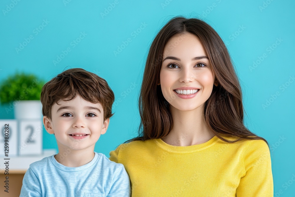 Joyful young woman with smiling boy in casual attire against a soft blue background capturing a moment of connection Joyful young woman with smiling boy in casual attire against a soft blue background capturing a moment of connection