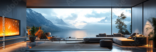 Modern living room with panoramic views of serene mountains and calm water. photo