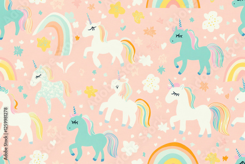 Cute pattern with cute unicorns and rainbows in soft pastel colors, patterns photo