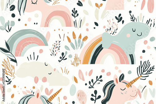 Cute pattern with cute unicorns and rainbows in soft pastel colors, patterns photo