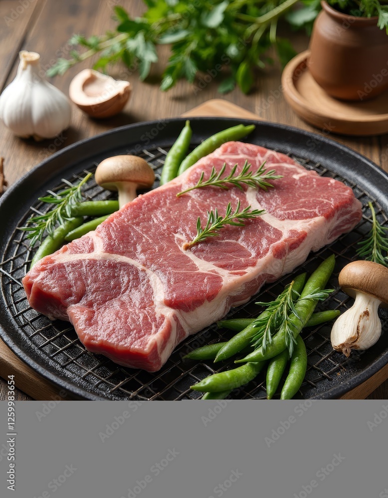 Raw Steak with Green Beans and Mushrooms on Grill Pan Raw Steak with Green Beans and Mushrooms on Grill Pan