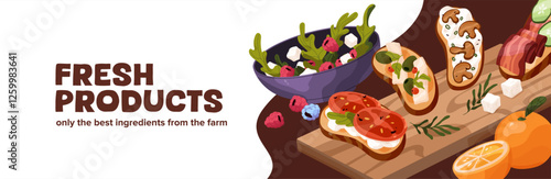 Design of restaurant's advertising banner. Food composition on promotion template of cafe. Cooked eating, served meals, snacks, fastfood with salad, bruschettas on layout. Flat vector illustration