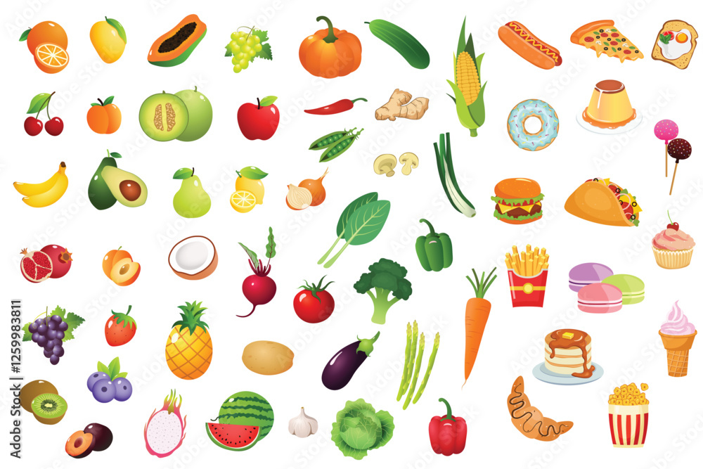 Obraz premium Food and beverages, fruits symbols, emojis, emoticons, stickers, icons Vegetables, cakes, vector illustration flat icons set, collection, pack, pizza, burger, pastry, donut