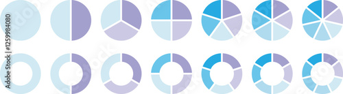 Pie chart set. Circle section graph. Pie chart divided 1,2,3,4,5,6,7,8,9,10,11,12 equal parts. Infographic wheel segment or section parts. Circle division infographic icon set. Vector illustration