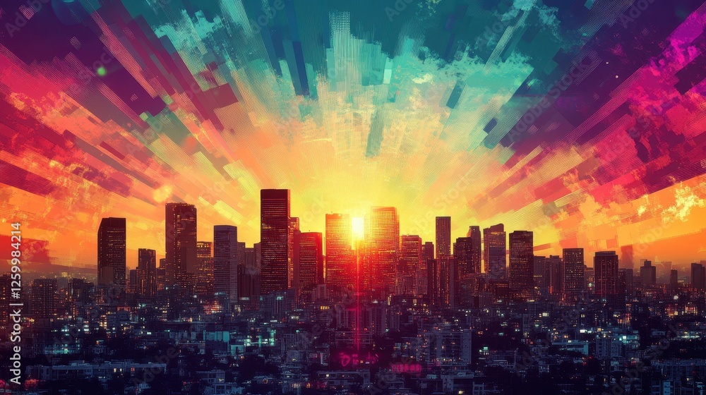 Obraz premium Colorful artistic rendition of a vibrant cityscape at sunset