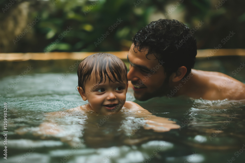 Father and son enjoying time together while swimming in a pool, promoting water safety and family bonding Father and son enjoying time together while swimming in a pool, promoting water safety and family bonding
