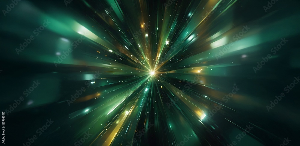 Fototapeta premium Dynamic Light Rays in a Cosmic Tunnel, Abstract Green Background