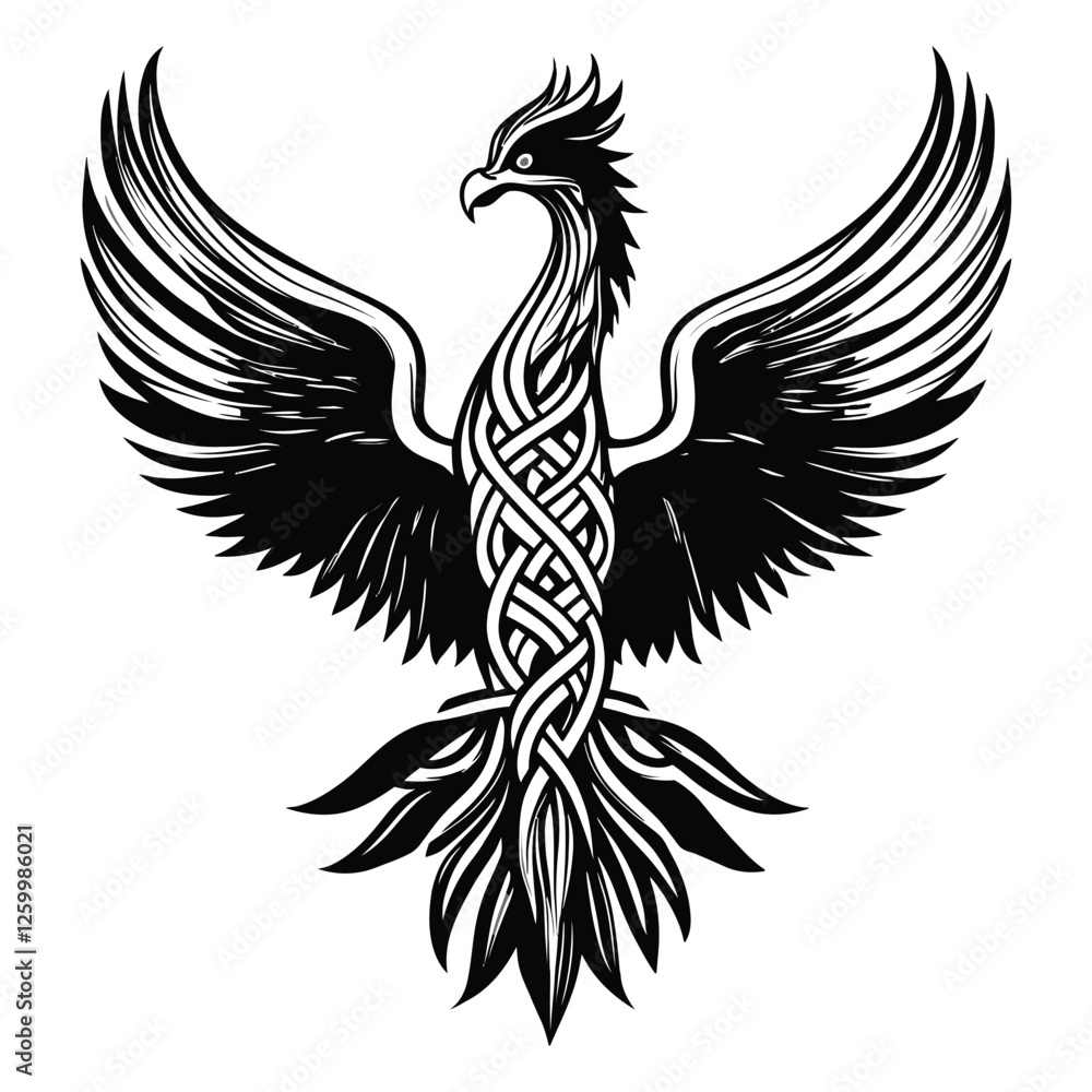 Obraz premium Intricate tribal phoenix with spread wings symbolizing rebirth and power