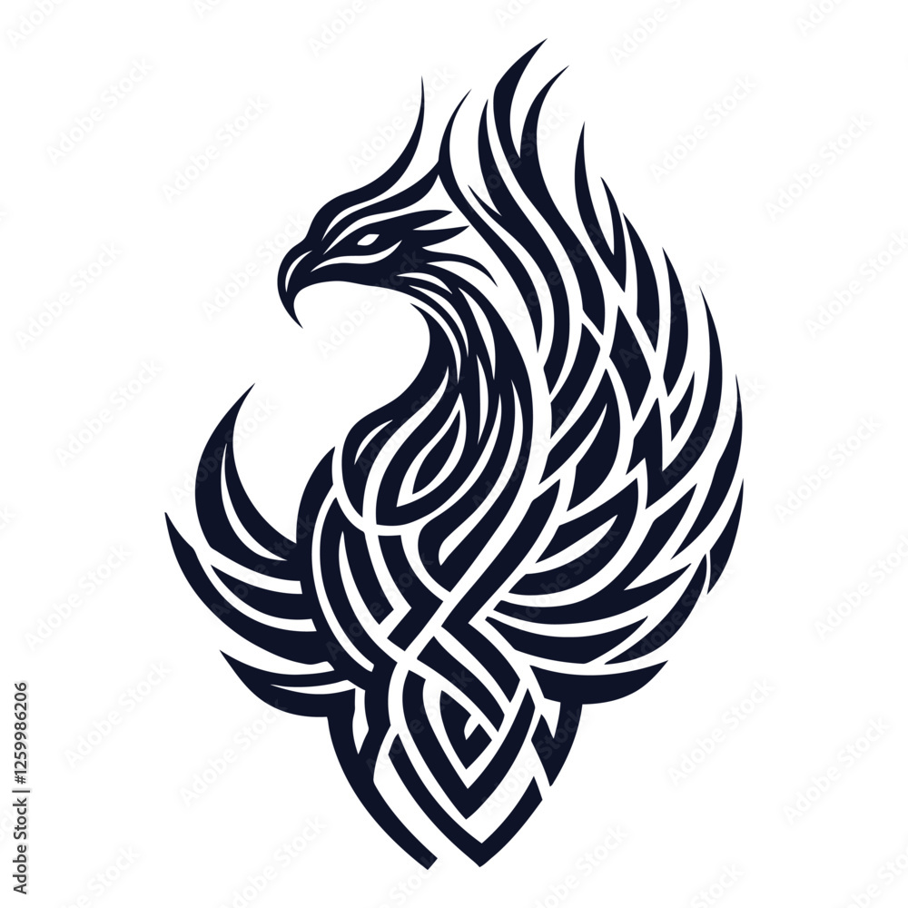 Fototapeta premium Phoenix rising in tribal art style with flames and intricate wing patterns