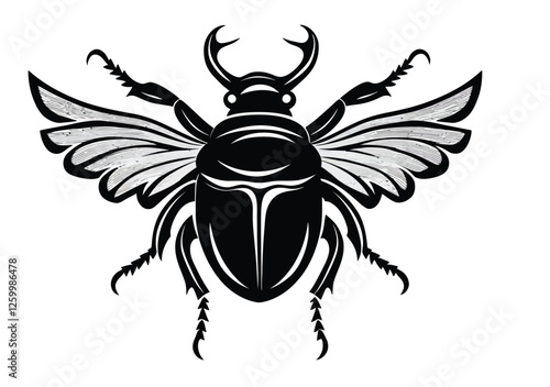 Intricate scarab beetle illustration with detailed wings in black and white