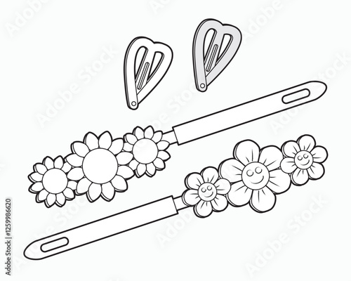 Ladies barrette clips technical flat sketch vector mockup illustration.