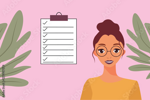 happy woman with glasses, a checklist, and green leaves on a pink background, symbolizing self care and organization. 