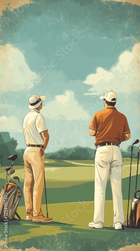 Two golfers standing on green lawn viewing the golf course