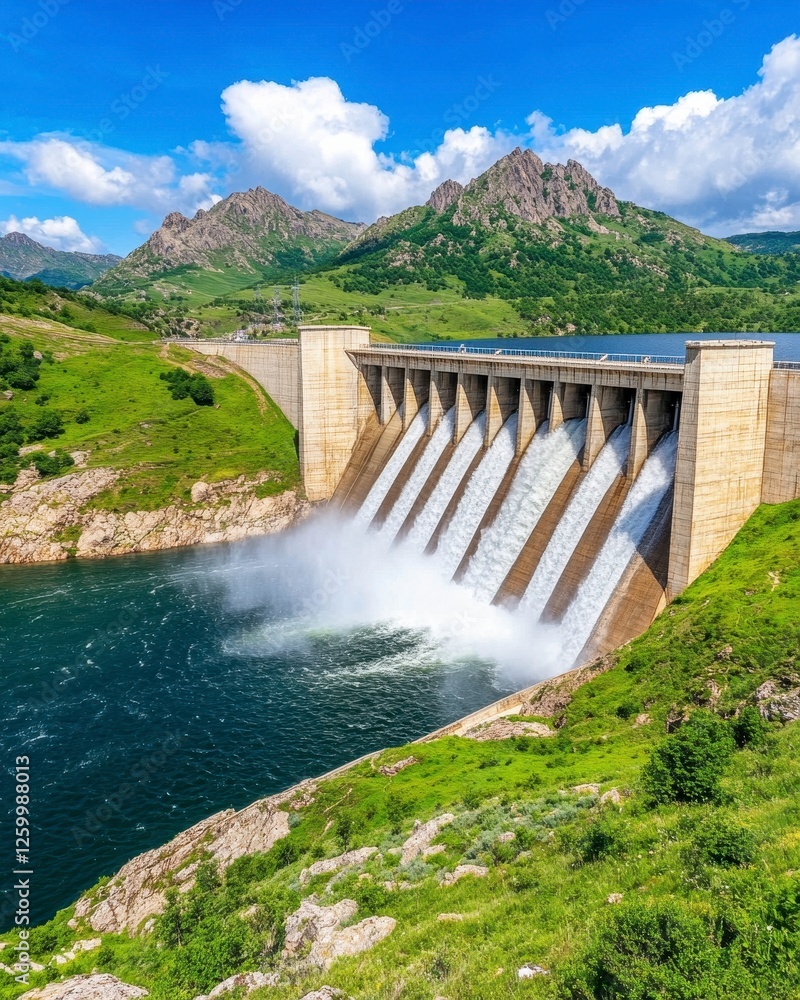 Modern dam releasing water into tranquil lake surrounded by green hills and majestic mountains under a blue sky Modern dam releasing water into tranquil lake surrounded by green hills and majestic mountains under a blue sky