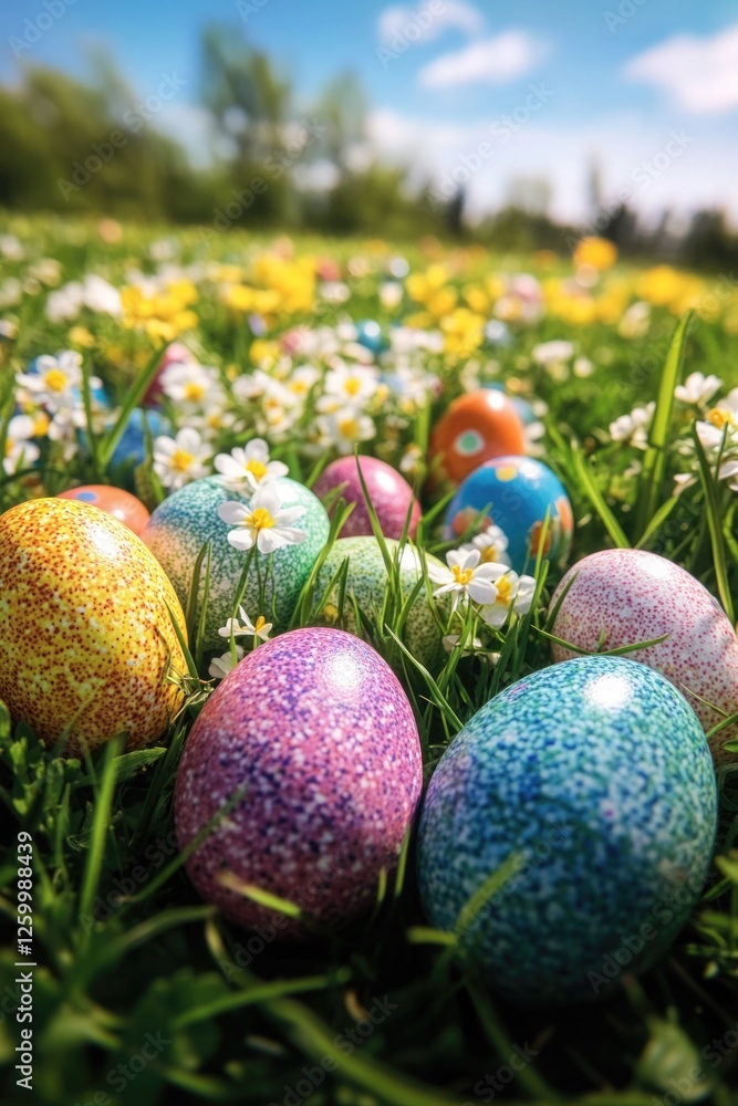 Bunch of multicolored eggs with designs on ground. Bunch of multicolored eggs with designs on ground.