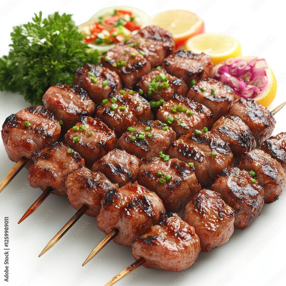 a serving of Beef Satay Skewers on a white background a serving of Beef Satay Skewers on a white background
