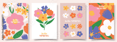Hello Spring vector cards. Hand-drawn posters for decoration spring events, Mother's Day, Easter. Beautiful spring flyers with abstract flowers. Concept of trendy spring covers.