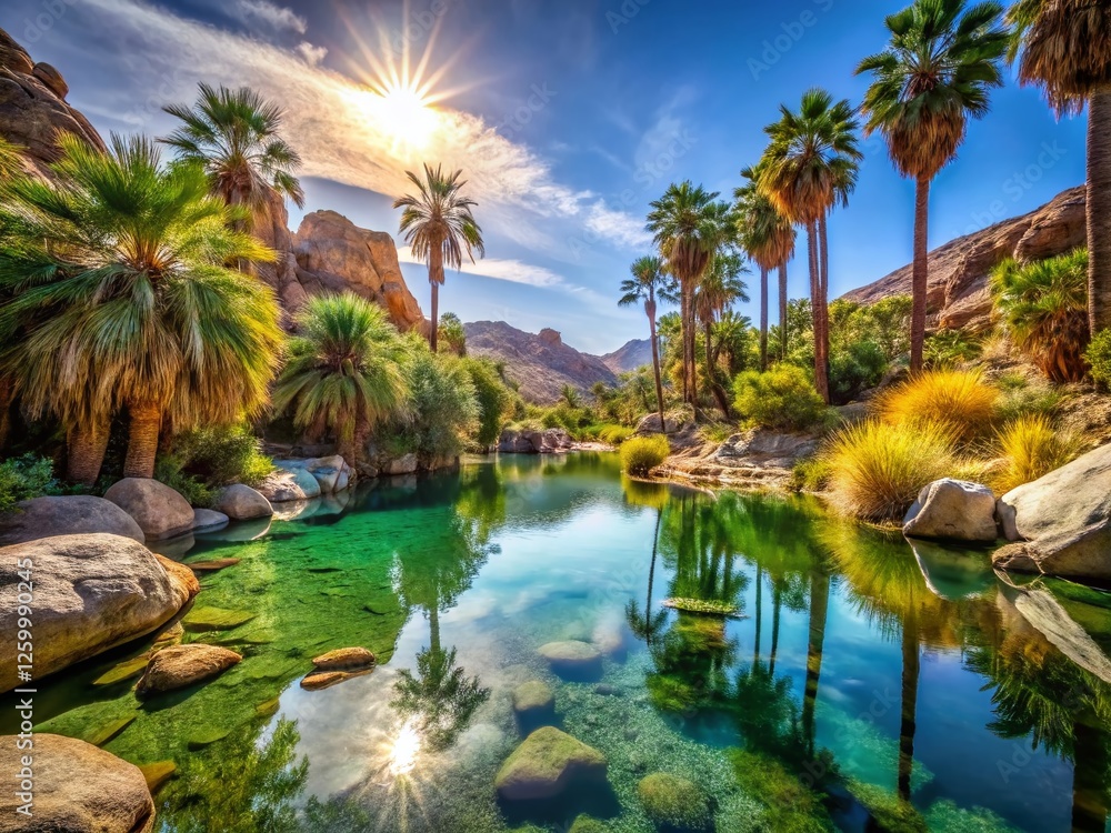 Desert Oasis: Lush Palm Trees & Sparkling Pool of Water in Sunlit Sand Desert Oasis: Lush Palm Trees & Sparkling Pool of Water in Sunlit Sand