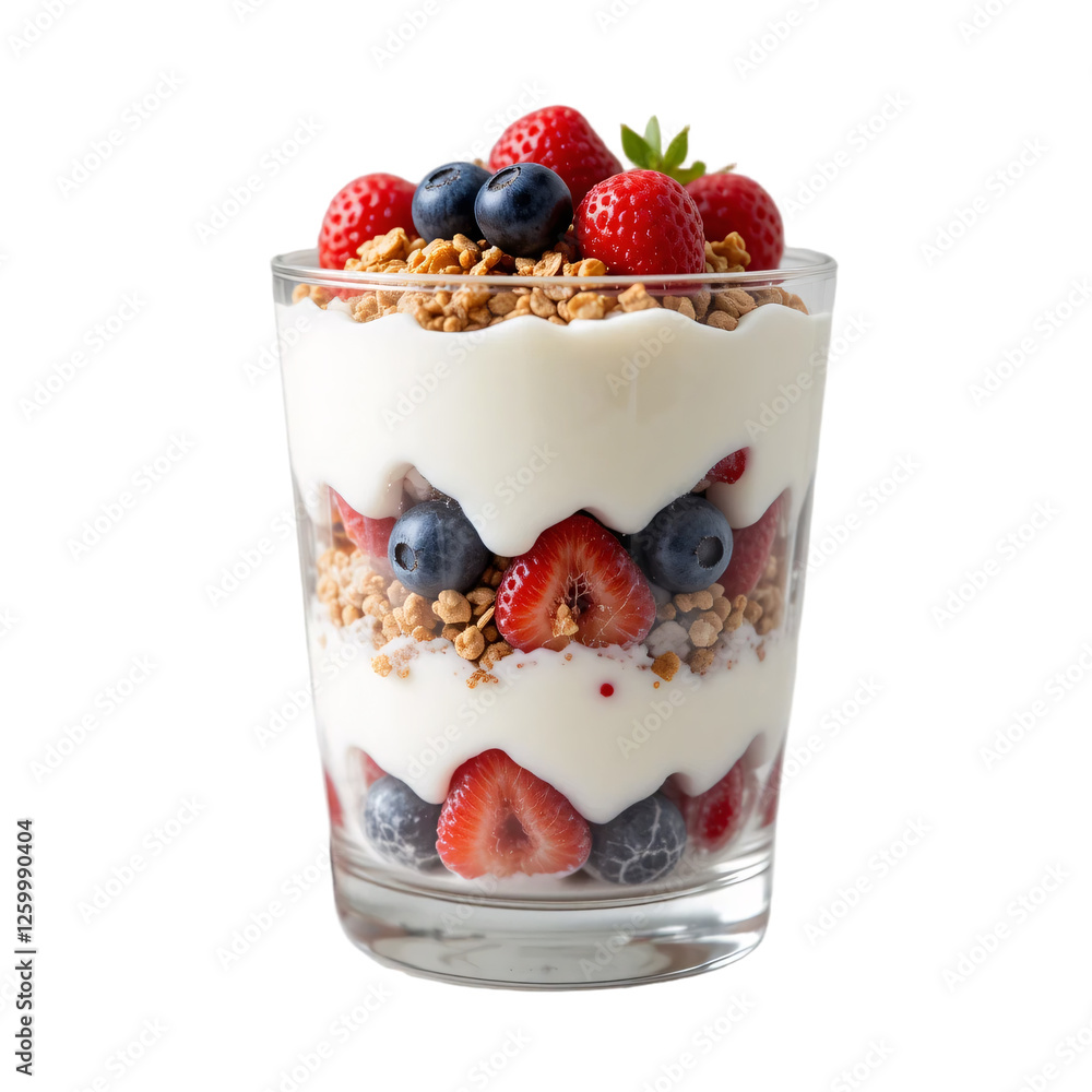 Glass of Mixed Berry Yogurt Parfait with Granola Topping Isolated on White Background, Fresh and Healthy Dairy Snack, Rich in Protein, Fiber, and Antioxidants Glass of Mixed Berry Yogurt Parfait with Granola Topping Isolated on White Background, Fresh and Healthy Dairy Snack, Rich in Protein, Fiber, and Antioxidants