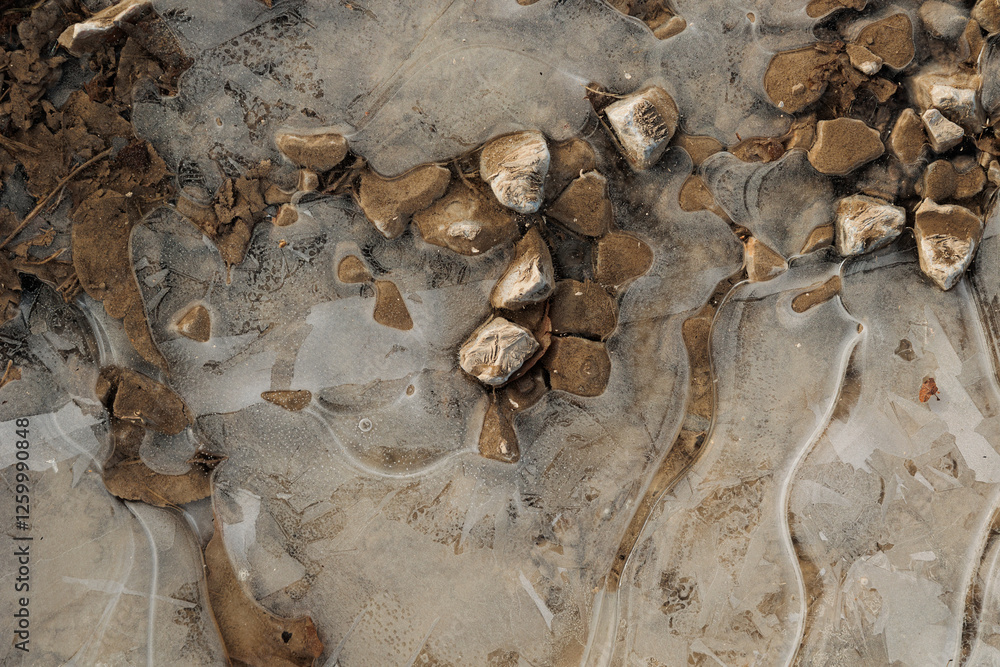 pozzanghere su un terreno naturale con acqua superficiale ghiacciata in inverno