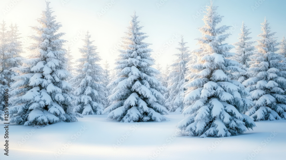 Tranquil winter landscape with snow covered pine trees in serene frosty forest under clear blue sky Tranquil winter landscape with snow covered pine trees in serene frosty forest under clear blue sky