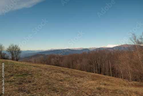 Obraz na płótnie panoramica con vista su un ambiente naturale tra le alte colline e le montagne della Slovenia occidentale, vicino al confine Italiano, di pomeriggio, con cielo leggermente nuvoloso, in inverno w salonie