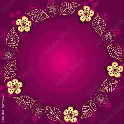 Vector decorative spring purple frame with golden flowers and leaves