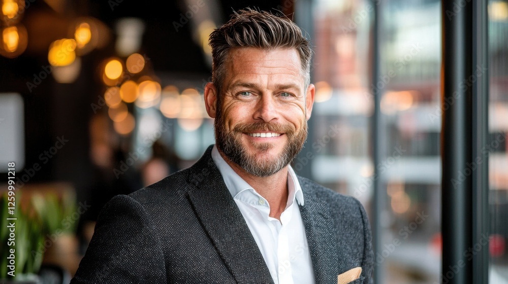 Fototapeta premium Confident Businessman in Suit Smiling in Urban Office Setting