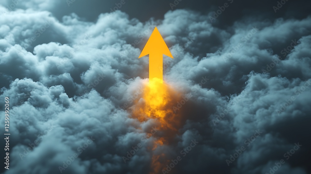 Fototapeta premium Golden Arrow Piercing Storm Clouds, A golden arrow piercing through dark storm clouds with fiery light