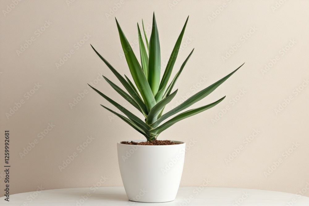 single yucca plant in a white pot, placed on a table against a plain, light beige wall. The background is simple and neutral to highlight the beauty of the large yucca plant. single yucca plant in a white pot, placed on a table against a plain, light beige wall. The background is simple and neutral to highlight the beauty of the large yucca plant.