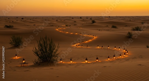 Lantern Lit Path in Desert at Dusk Guiding Through the Dunes