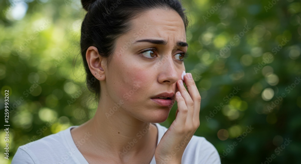 Concerned young hispanic woman outdoors with green background Concerned young hispanic woman outdoors with green background